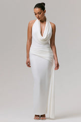 Maude | White Plunge-Neck Ruched Maxi Dress With Sash