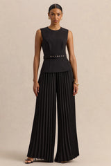 Karienne | Black Round-Neck Top With Belted-Detail