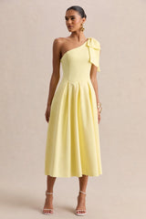Meria | Lemon Asymmetric-Neck Midi Dress With Bow-Sleeve