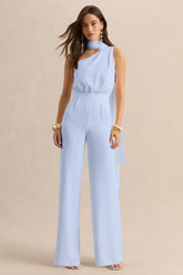 Gliselle | Powder Blue Asymmetric-Neck Jumpsuit With Scarf-Detail