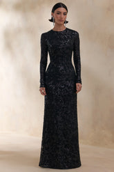 Stellar | Black Embellished Lace High-Neck Maxi Dress With Long Sleeves