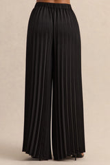 Lerenza | Black Satin Wide-Leg Pleated Trousers