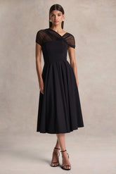 Rosette | Black Asymmetric-Neck Midi Dress