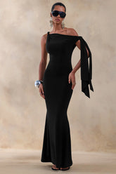 Vista | Black Asymmetric-Neck Maxi Dress With Knot-Sleeve Detail