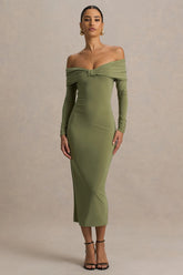 Spark | Olive Bardot-Neck Midi Dress With Bow Detail