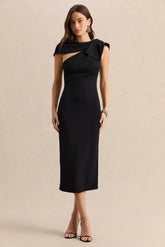 Clarina | Black Asymmetric-Neck Midi Dress With Bow-Detail
