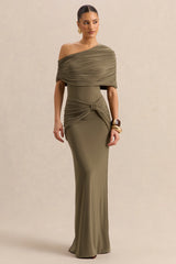 Afiya | Khaki Twisted Waist Maxi Skirt with Knot Detailing
