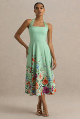 Auburn | Mint Placement Floral Halter-Neck Midi Dress