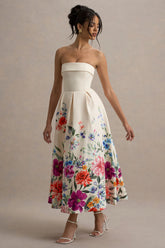 Annalise | Light Pink Floral Print Bandeau Skater Midi Dress