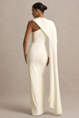Dawn | Cream High-Neck Maxi Dress With One Long Cape-Sleeve