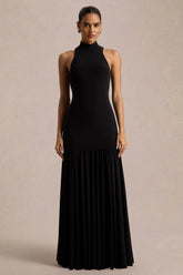 Tasmin | Black High-Neck Maxi Dress With Drop-Waist
