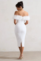 Maiden | White Lace Bardot Midi Dress With Feather Trim