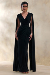 Ulissia | Black V-Neck Maxi Dress With Cape-Sleeves