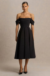 Cosima | Black Bardot-Neck Midi Dress