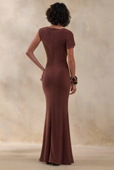 Blaire | Brown Asymmetric-Neck Maxi Dress With Gold-Detailing