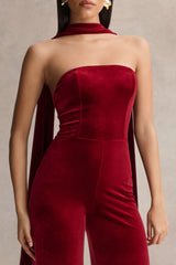 Arcane | Burgundy Velvet Bandeau Jumpsuit With Scarf