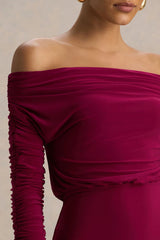 Cilla | Burgundy Bardot-Neck Maxi Dress With Ruched Detailing