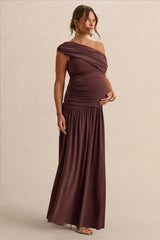 Marjorie | Dark Brown Asymmetric-Neck Maternity Maxi Dress