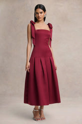 Alberta | Burgundy Satin Square-Neck Midi Dress With Bow Straps