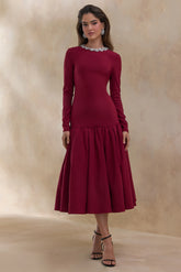 Jovana | Burgundy Hand-Embellished Crew-Neck Midi Dress With Drop Waist