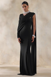 Rubelle | Black Asymmetric-Neck Maxi Dress With Draped-Detailing
