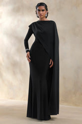 Salenne | Black Wide-Neck Maxi Dress With Satin Asymmetric-Cape