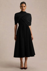 Thalia | Black High-Neck Midi Dress With Sheer Mesh Cape