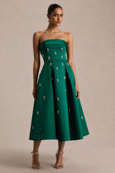 Sylvette | Dark Green Satin Bandeau Skater Midi Dress