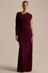 Rubelle | Burgundy Asymmetric Neck Maxi Dress With Draped Detailing