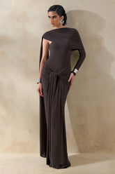 Trisara | Brown Asymmetric-Neck Maxi Dress With Gathered-Detailing And Sash