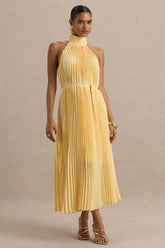 Tulip | Lemon Pleated High-Neck Midi Dress
