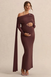 Cyra | Brown Asymmetric-Neck Maternity Maxi Dress With Sash