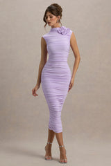 Bridget | Lilac High-Neck Gathered Midi Dress With Floral Detail