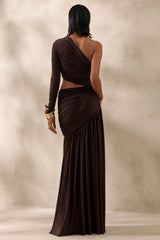 Kinsley | Brown Asymmetric-Neck Maxi Dress With Body Cut-Out Detail