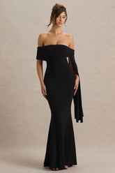 Saffina | Black Bardot-Neck Maxi Dress With Sash Detail
