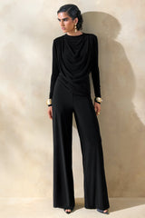 Raniella | Black High-Neck Top With Gathered And Draped-Detailing