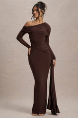Valina | Brown Ruched Asymmetric Maxi Dress With Drape