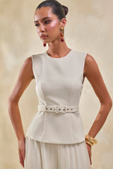 Karienne | Cream Round-Neck Top With Belted-Detail