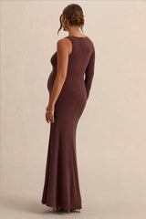 Oh Baby | Brown Maternity One Shoulder Bodycon Maxi Dress