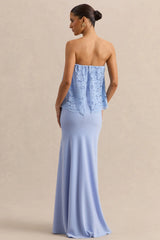 Clemency | Powder Blue Lace And Matte Satin Bandeau Maxi Dress