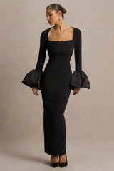 Retreat | Black Square-Neck Maxi Dress With Satin Puff-Sleeves