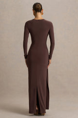 Virelle | Brown Boat-Neck Maxi Dress With Wrap Detail And Sash
