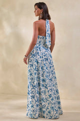 Liana | Blue Porcelain Print Halter-Neck Maxi Dress