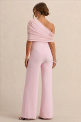 Mariska | Light Pink Asymmetric-Neck Maternity Jumpsuit With Sash Detail