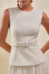 Karienne | Cream Round-Neck Top With Belted-Detail