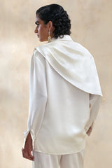Serenza | Cream Satin Collared-Shirt With Cape-Detail