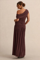 Marjorie | Dark Brown Asymmetric-Neck Maternity Maxi Dress